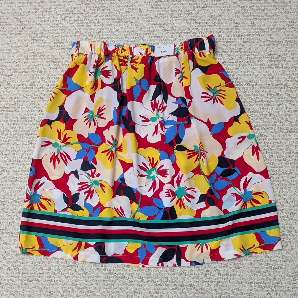 NWT Tommy Hilfiger Womens Sz L Floral Belted A-Line Midi Skirt Summer Feminine